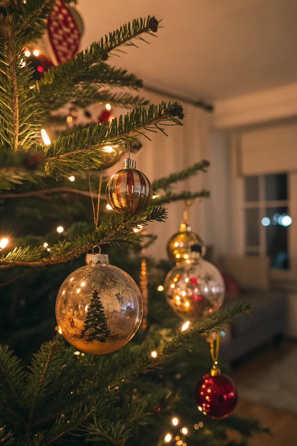 Timeless antique glass ornaments on a Christmas tree.