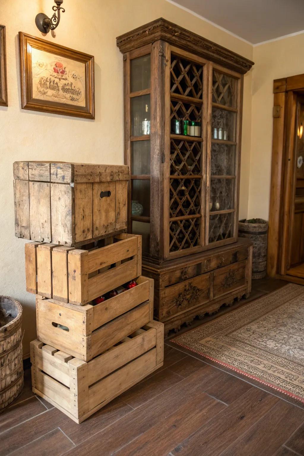 Rustic storage solutions add charm and functionality to farmhouse homes.