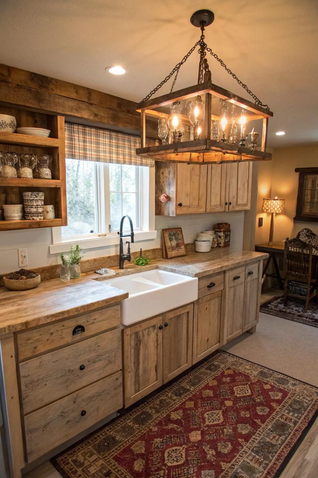 Reclaimed wood chandelier enhances the rustic feel of the kitchen.