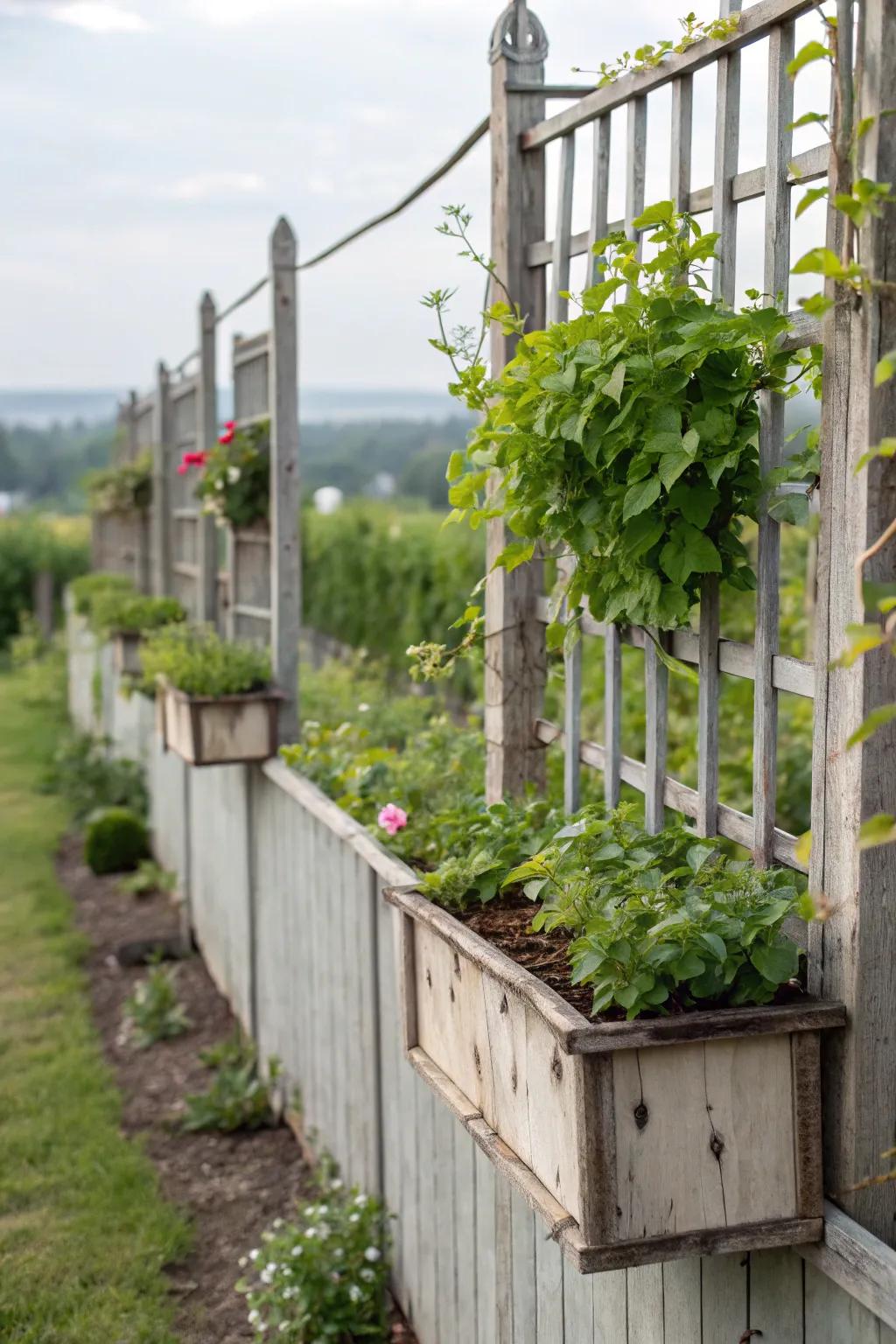 Planters with trellises create a lush and inviting vertical garden.