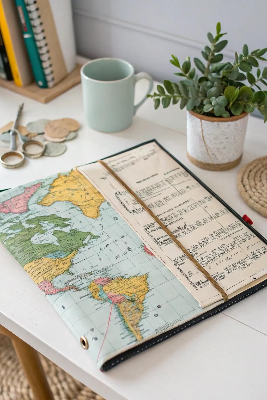 Elevate your workspace with eco-friendly elegance: upcycled file covers from vintage maps and sheet music.
