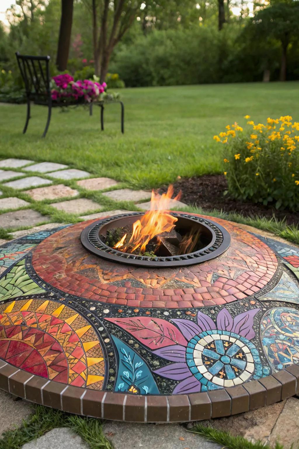 Mosaic designs add a creative and unique touch to your fire pit area.