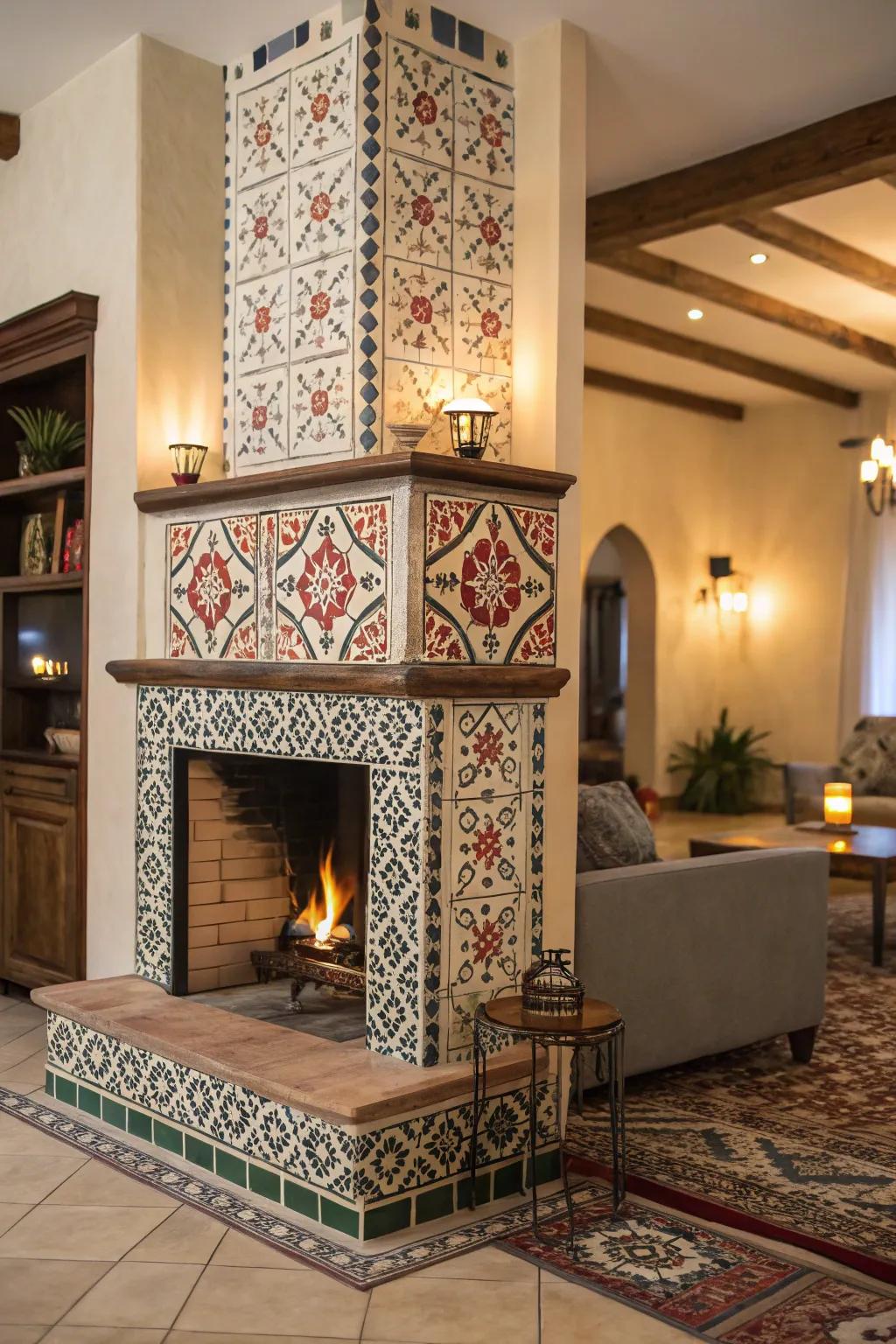 Patterned tiles bring character and texture to this fireplace.