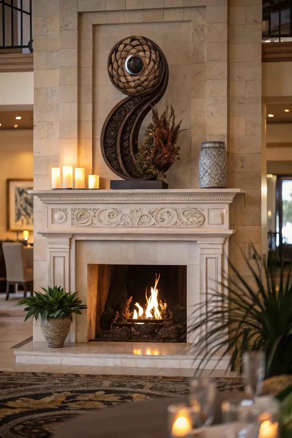 A statement sculpture adds artistic flair to your fireplace.