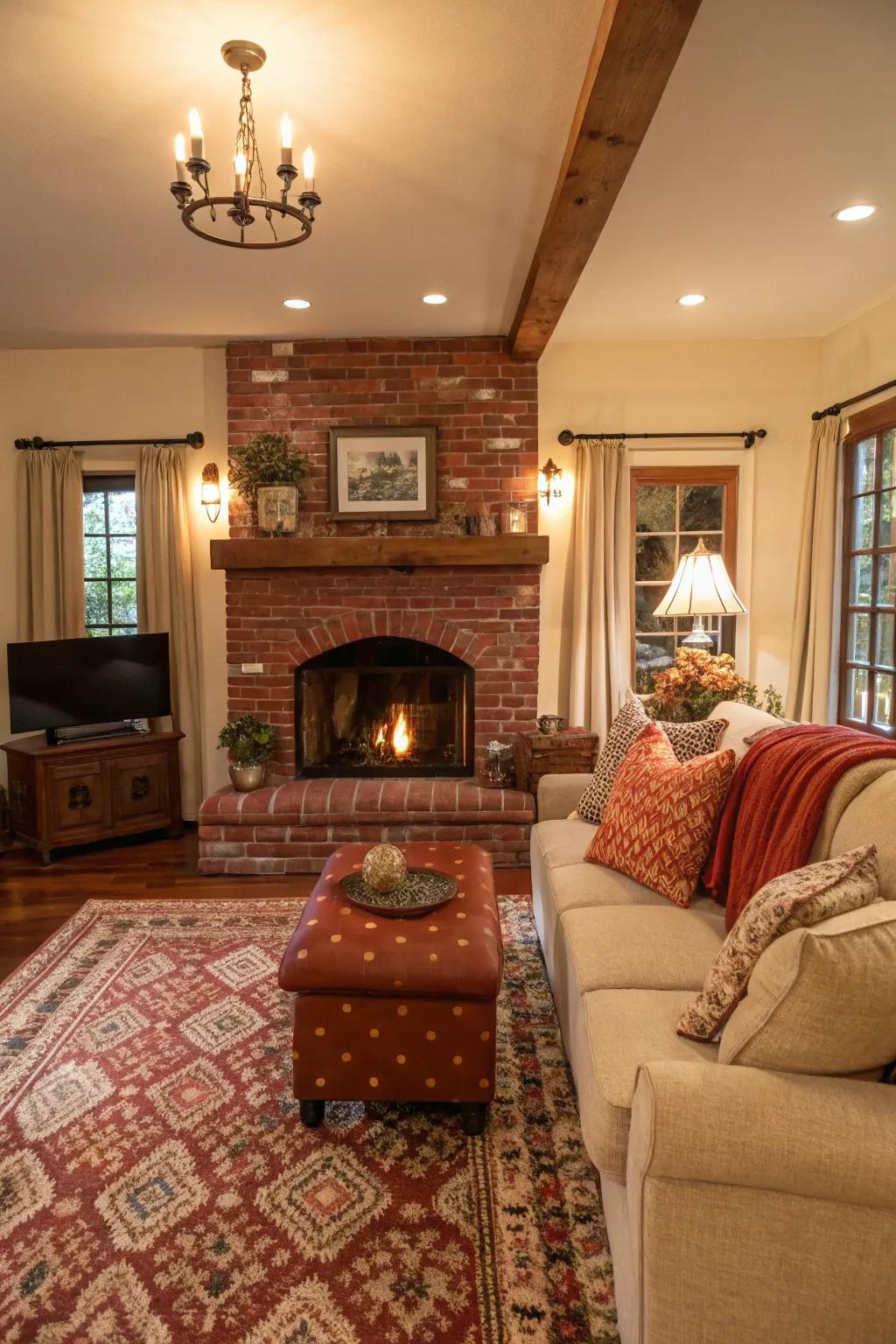 A brick fireplace bringing timeless charm and warmth to a cozy living space.