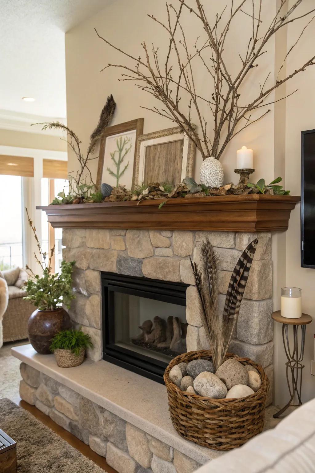 Nature-inspired decor brings tranquility to your mantel.