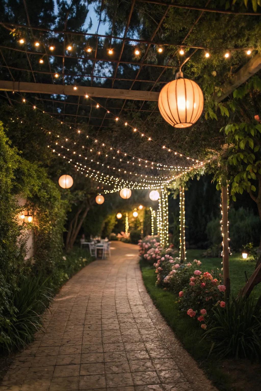 Rustic lighting transforms the outdoor space into a magical setting.