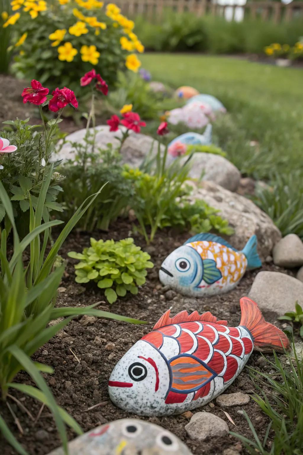 Brighten your garden with colorful painted rock fish.