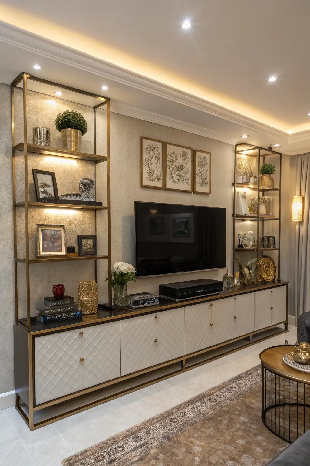 Ornate floating shelves introduce Art Deco elegance to the TV area.