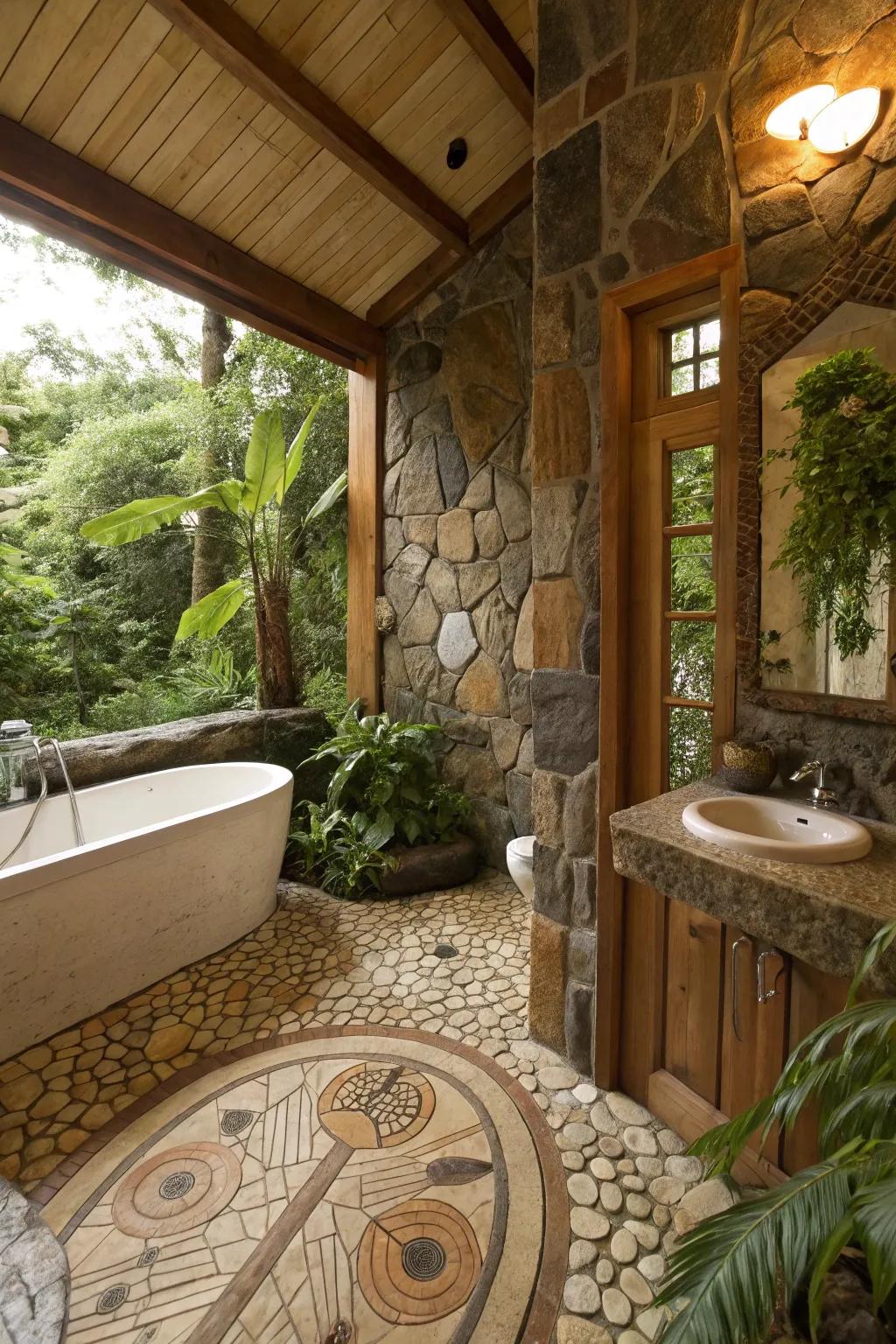 A calming bathroom with nature-inspired tiles that mimic natural textures.