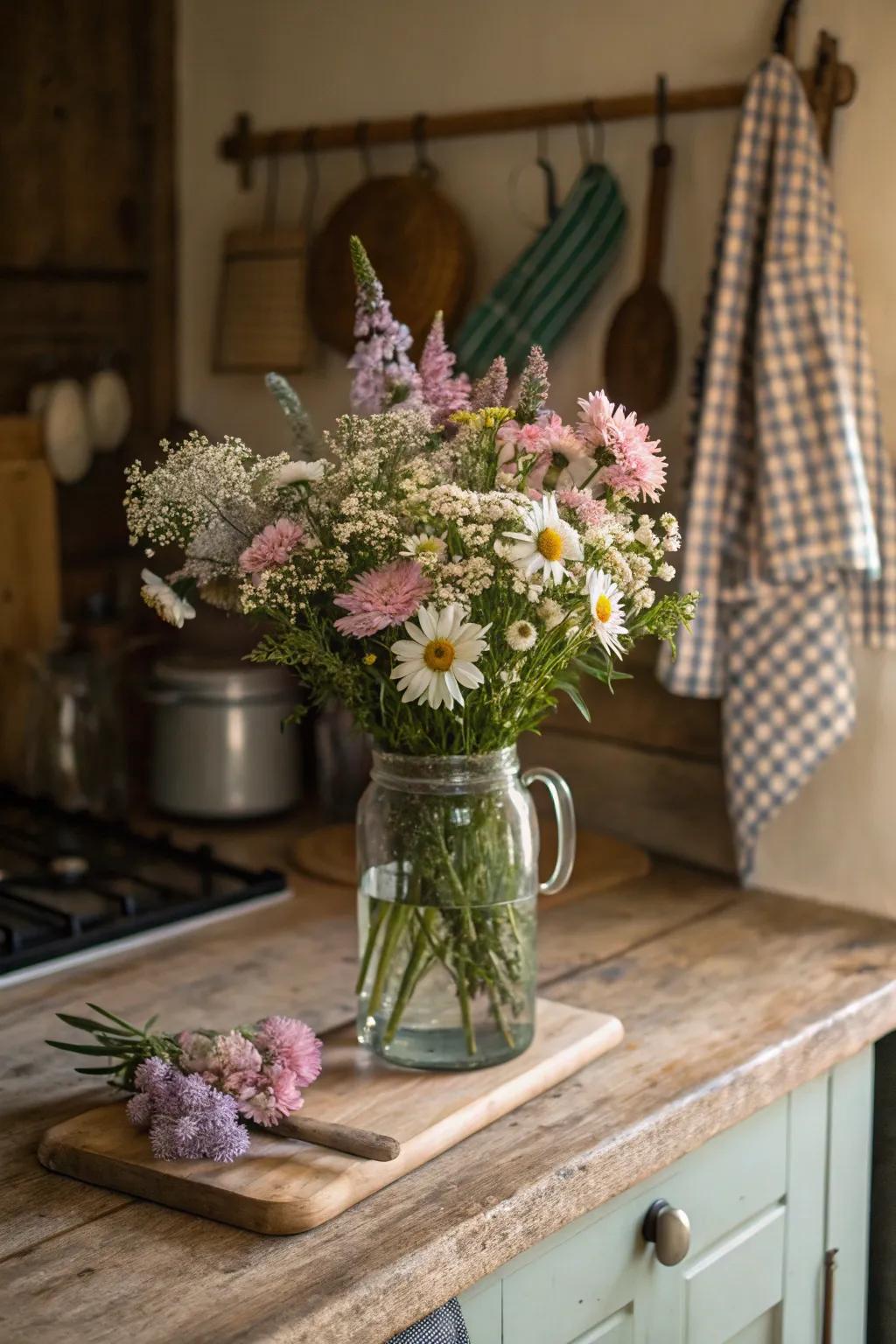 Country-style floral arrangement in a charming Mason jar.