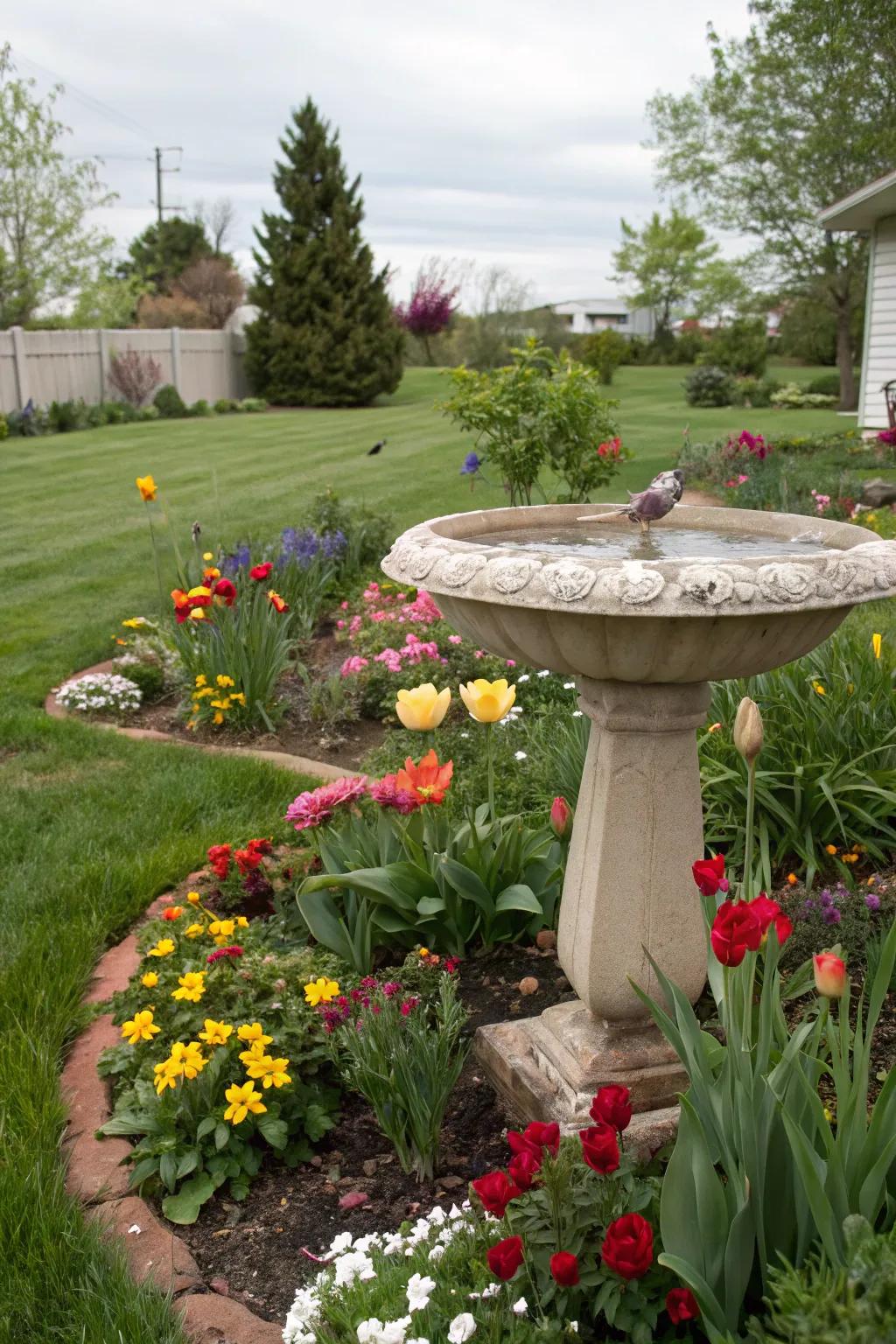 A bird bath adds charm and attracts wildlife.