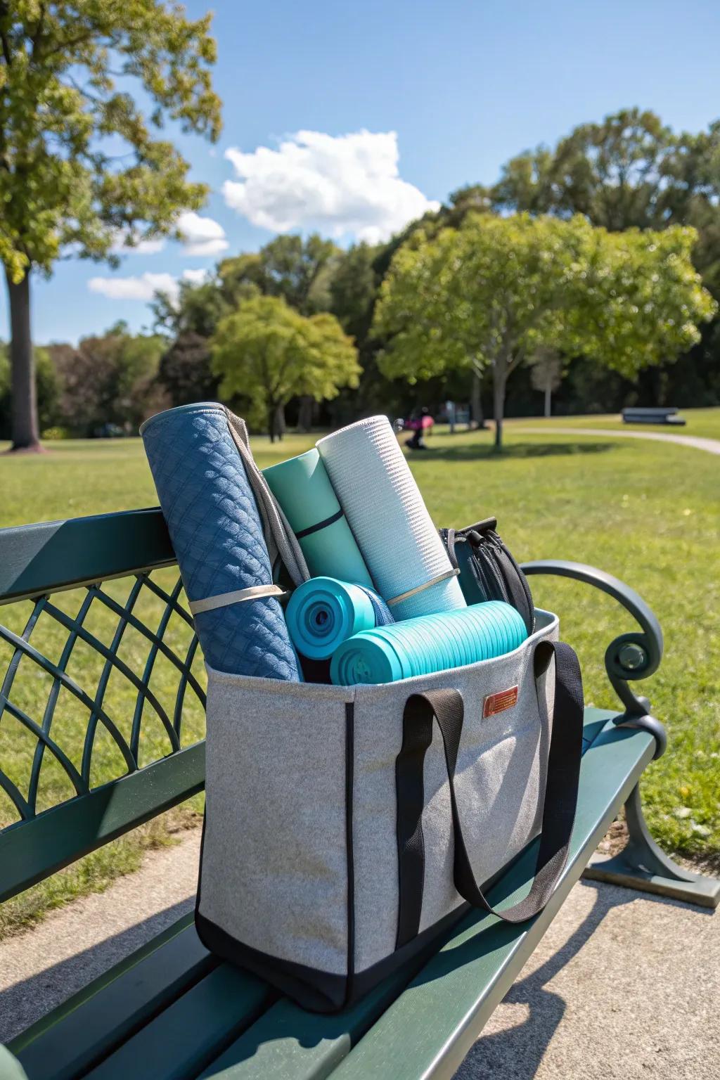 A portable tote keeps foam rollers ready for travel.