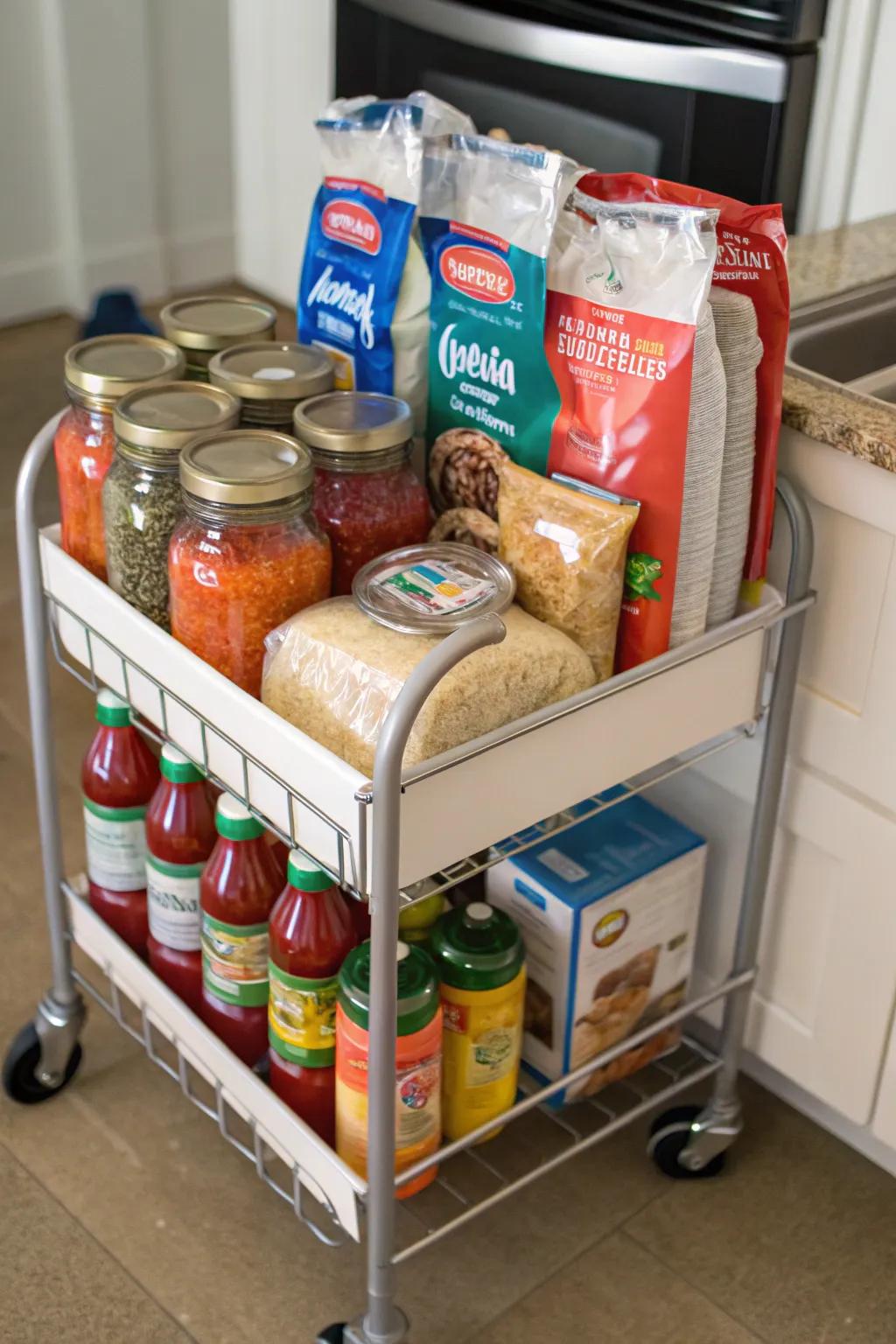 A versatile rolling cart for dynamic pantry needs.