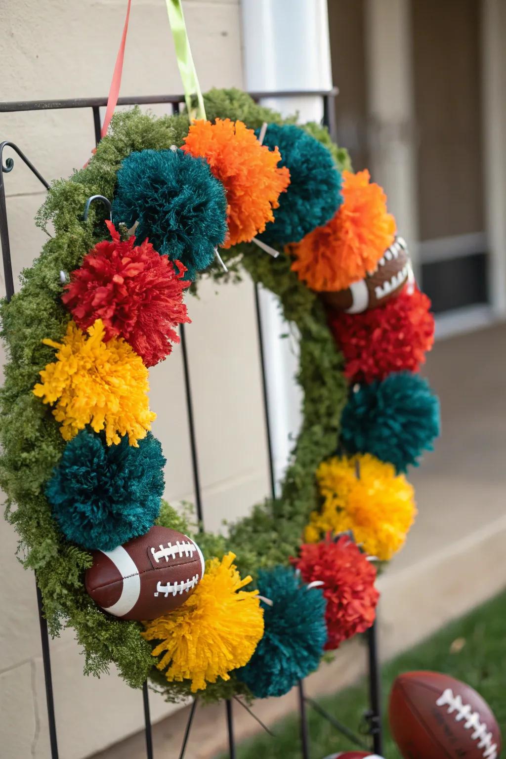 Cheerful pom poms add a playful touch to this vibrant football wreath.