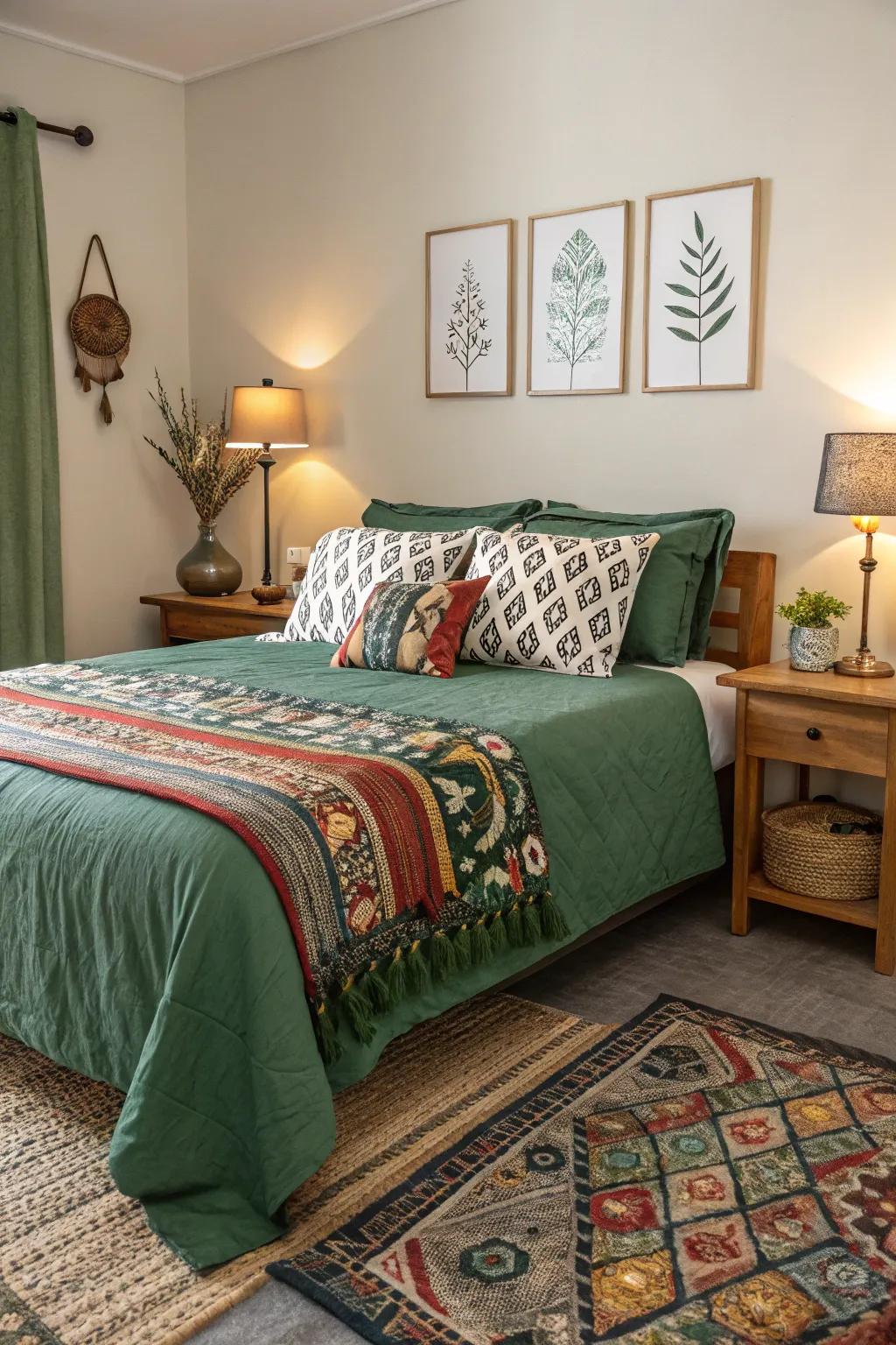 Patterns add visual interest to a forest green theme.