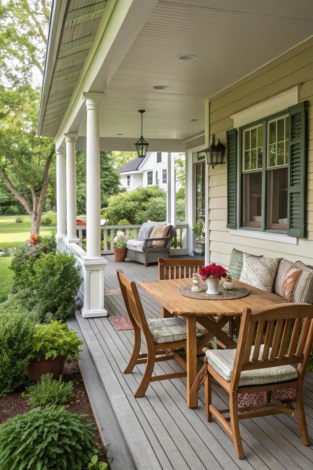 Zoning creates a multifunctional and organized porch.