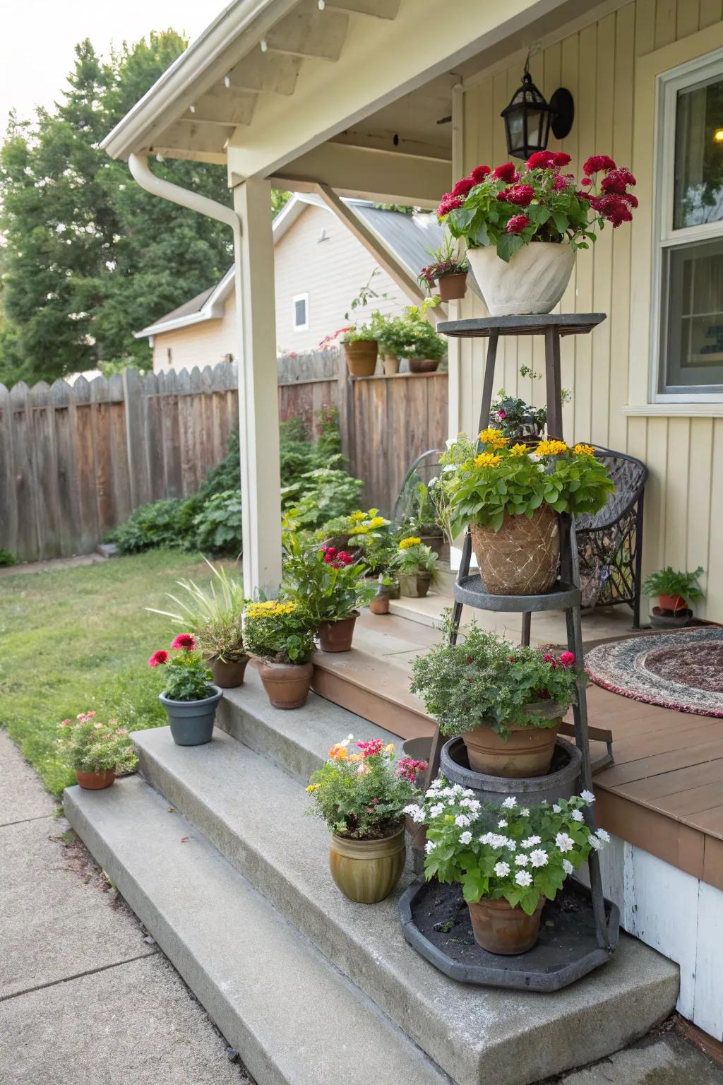 A mini garden brings lush greenery to the porch.