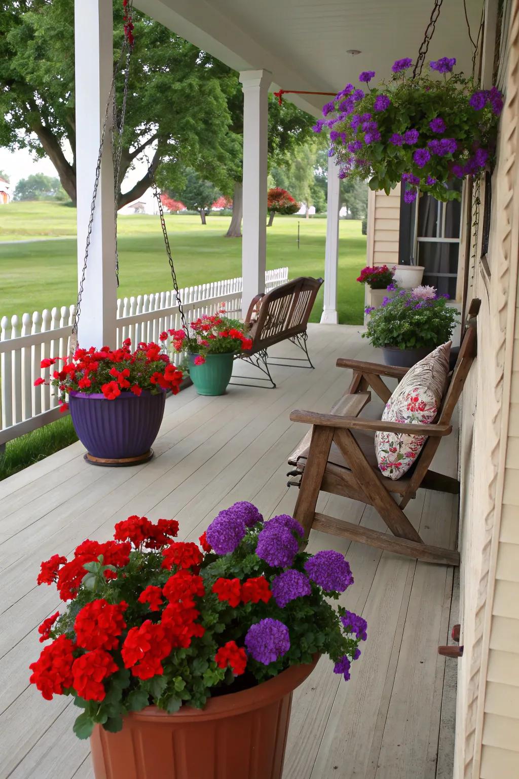 Playful pops of color with red geraniums and purple petunias.