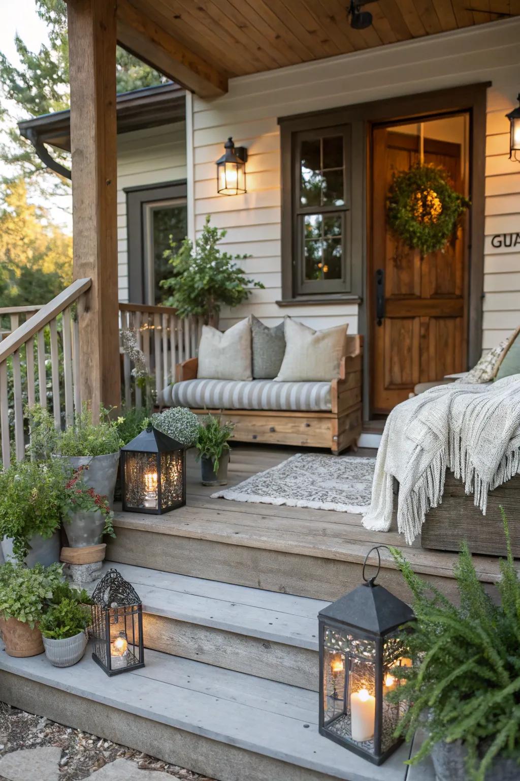 A cozy seating nook adds comfort and charm to the porch.