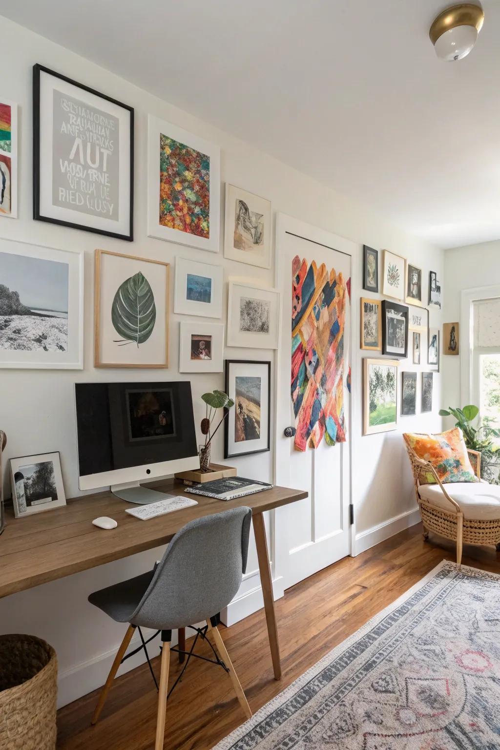 Regularly rotating art pieces keeps this gallery wall dynamic and fresh.