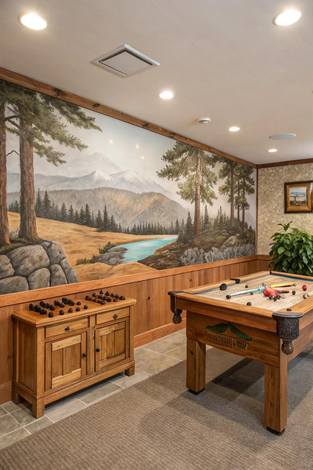 A nature-themed game room mural for a serene retreat.