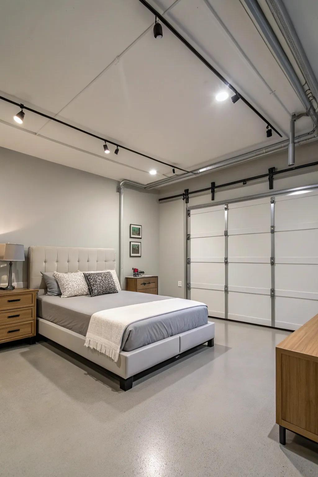 Minimalist design creates a peaceful and spacious feel in a garage bedroom.