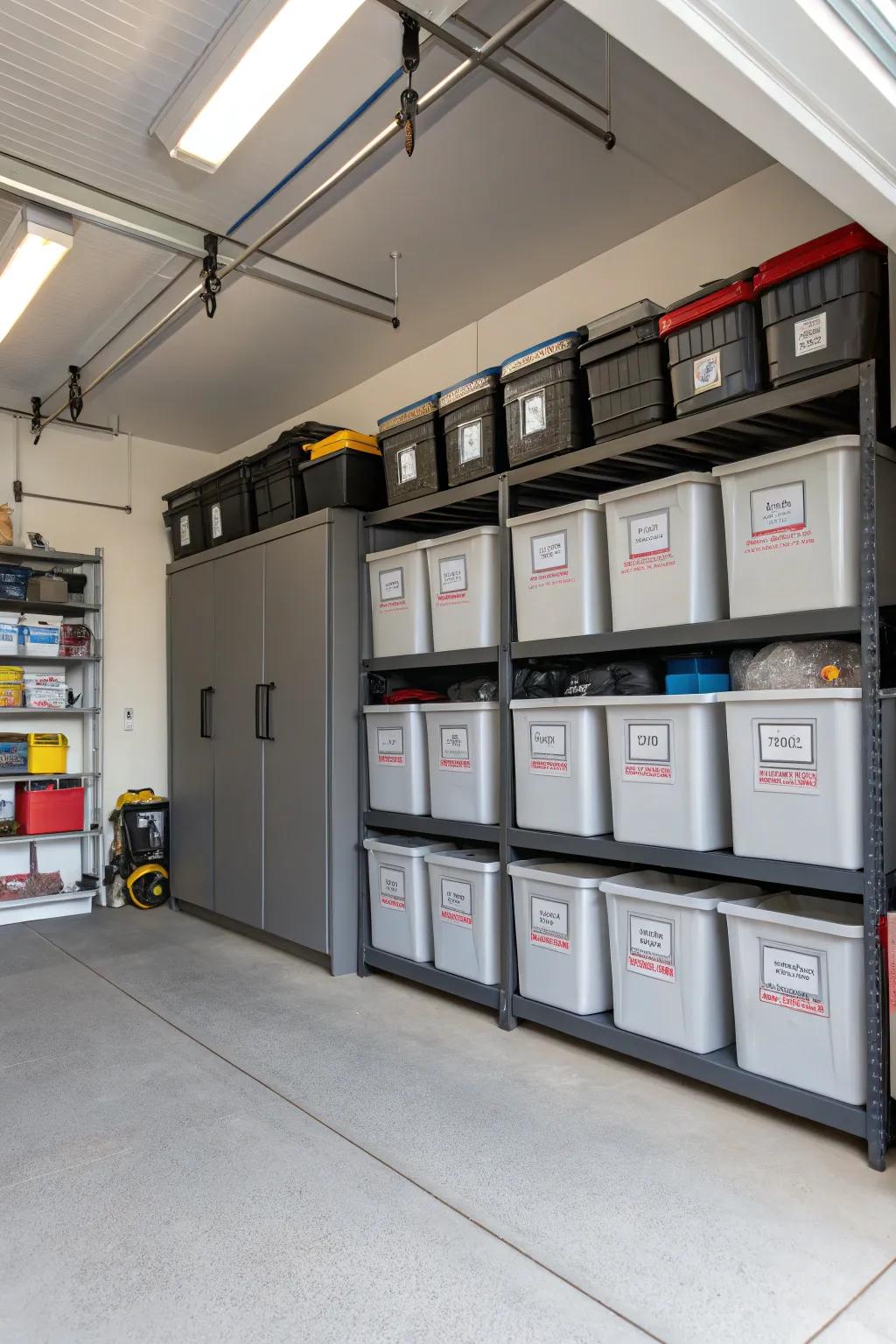 Labeled bins help maintain an organized garage.