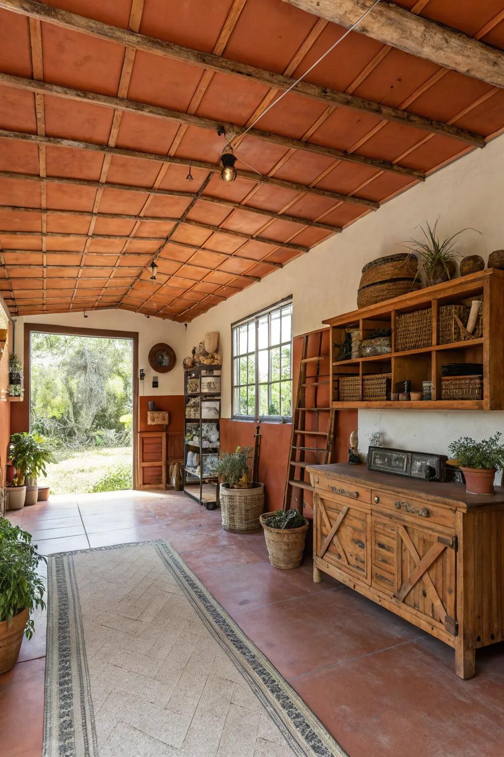 A warm terracotta ceiling adds earthy appeal to your garage.