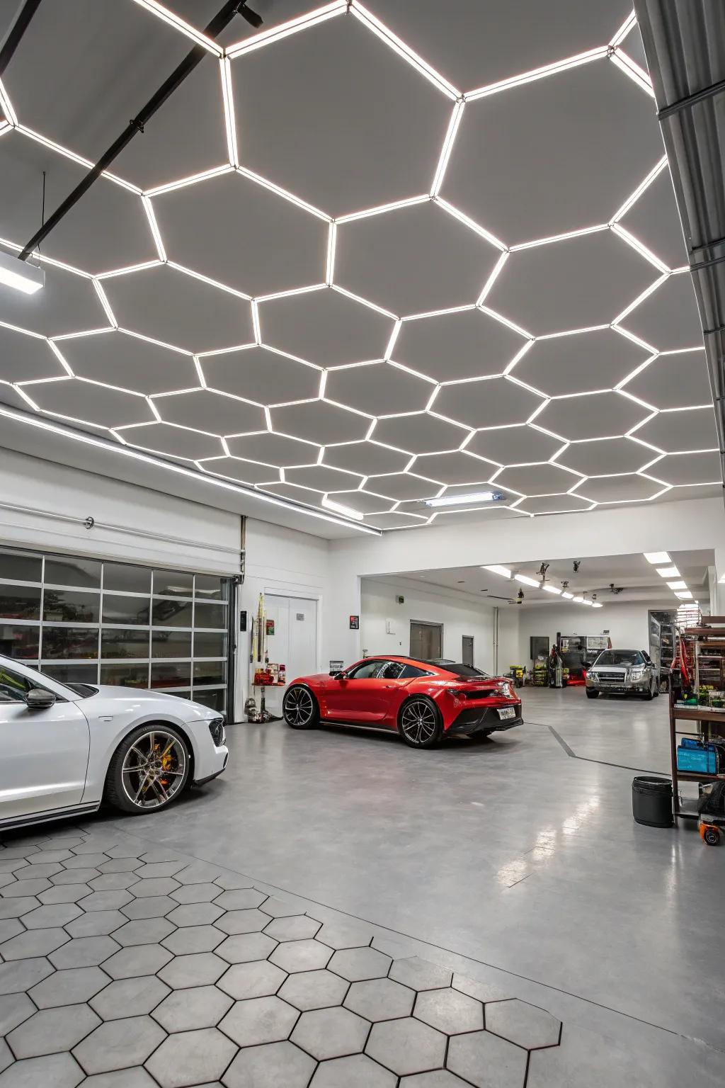 Hexagon ceiling grids offer a unique and evenly distributed lighting solution for garages.