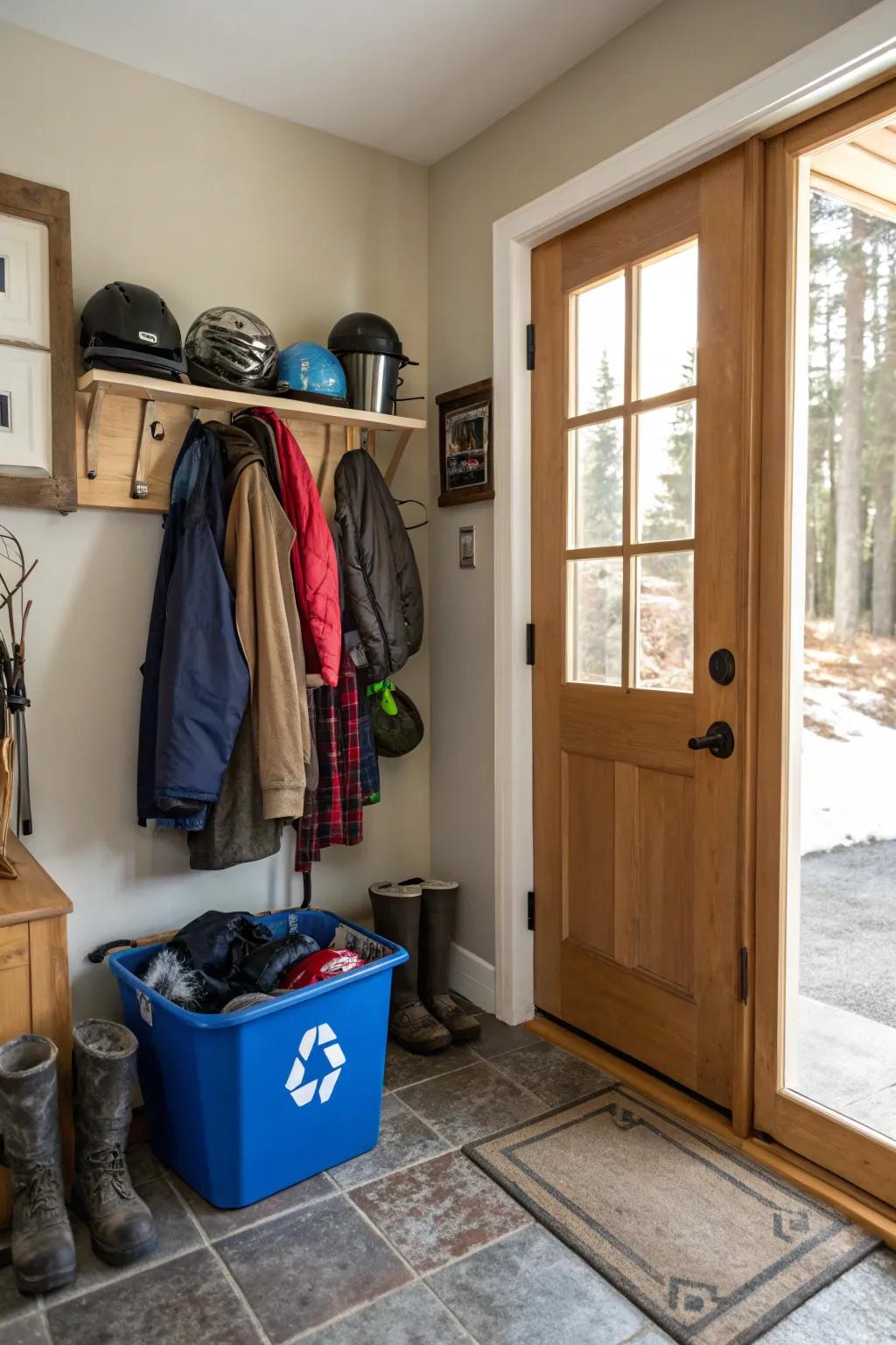 A recycling bin adds convenience and helps reduce clutter in a garage mudroom.