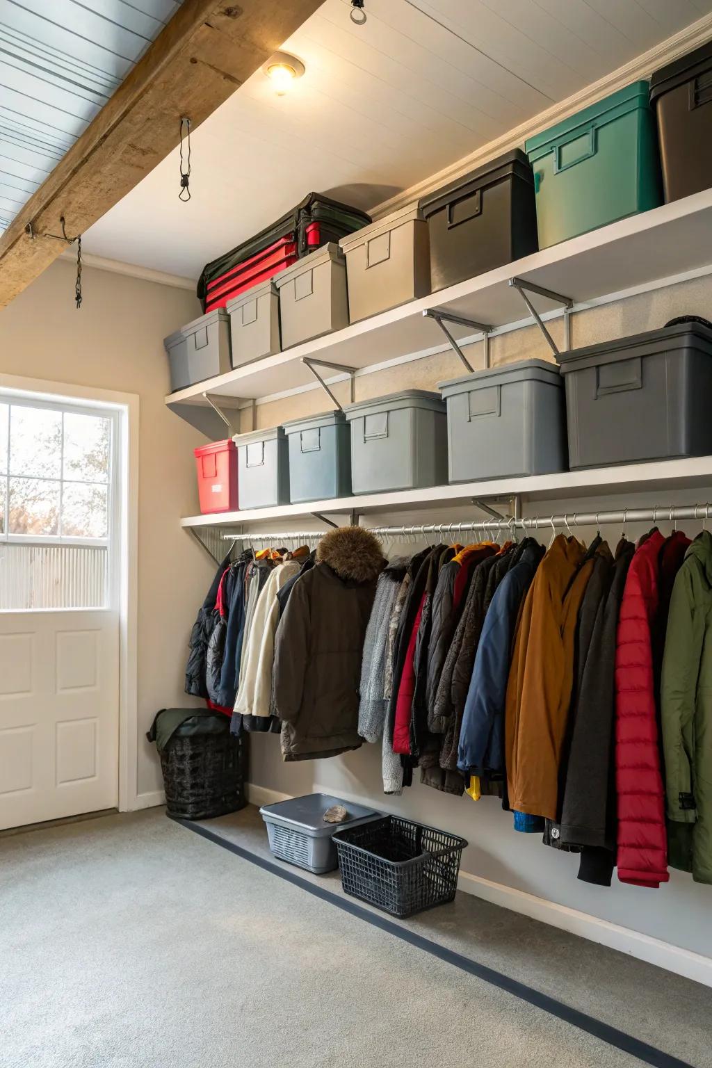 Overhead bins store seasonal clothes efficiently.