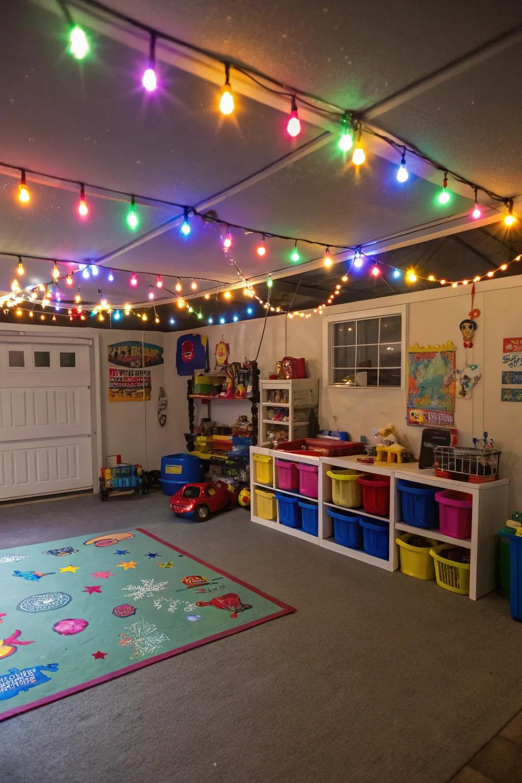 Colorful lighting transforms the playroom's atmosphere.