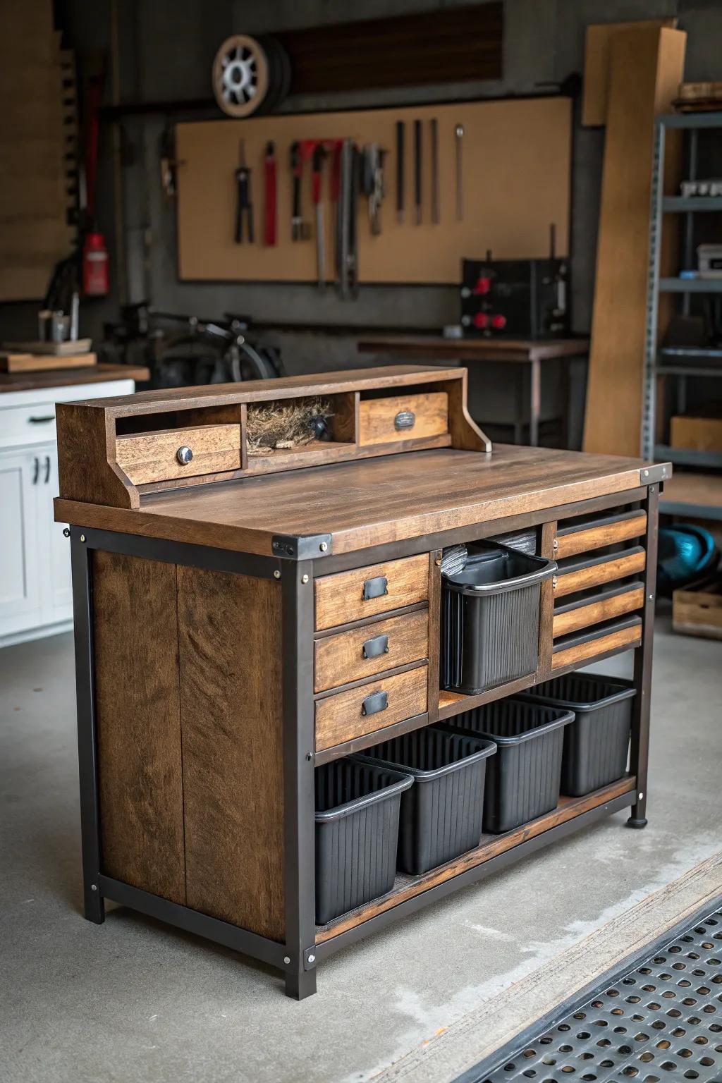 Elevate your garage organization with a touch of craftsmanship—introduce a stylish workstation for seamless recycling.