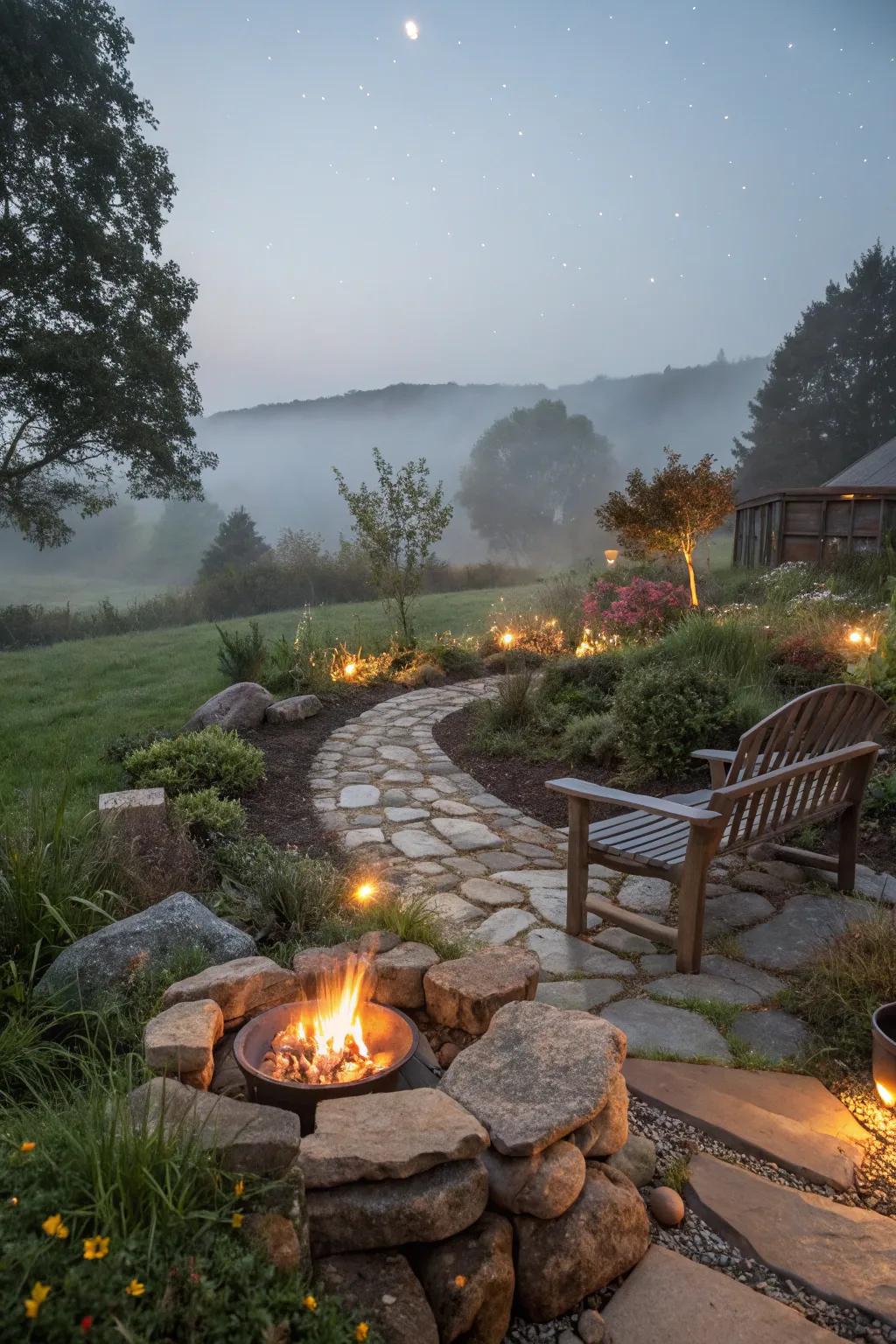 A fire pit offers warmth and a rustic glow to your garden.