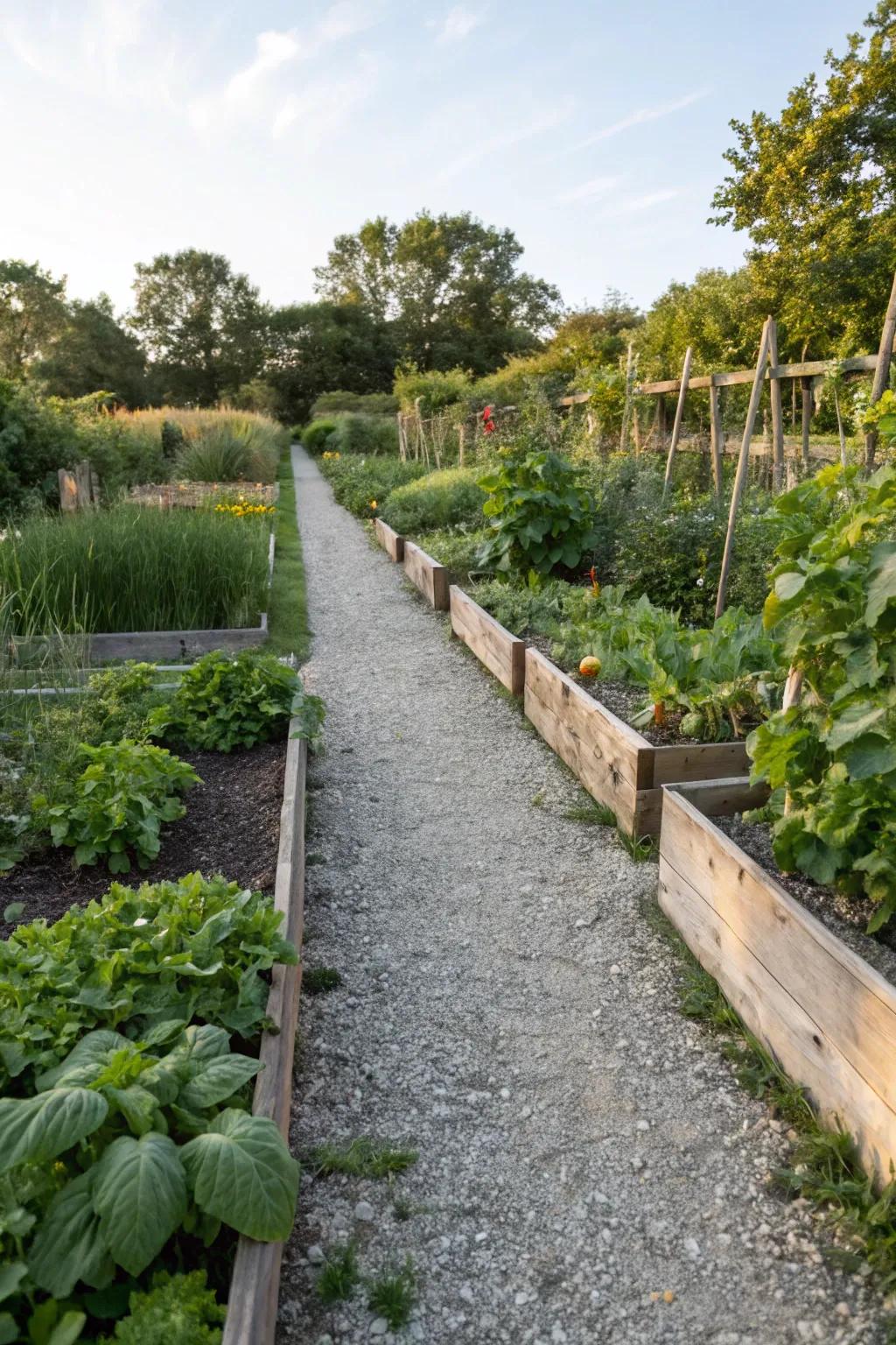 Functional gravel path between raised beds.