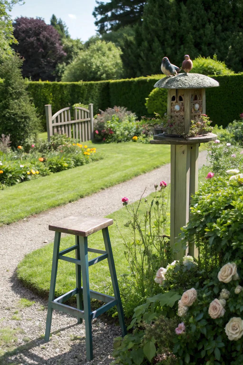 A garden stool can bring wildlife closer by holding a bird feeder.