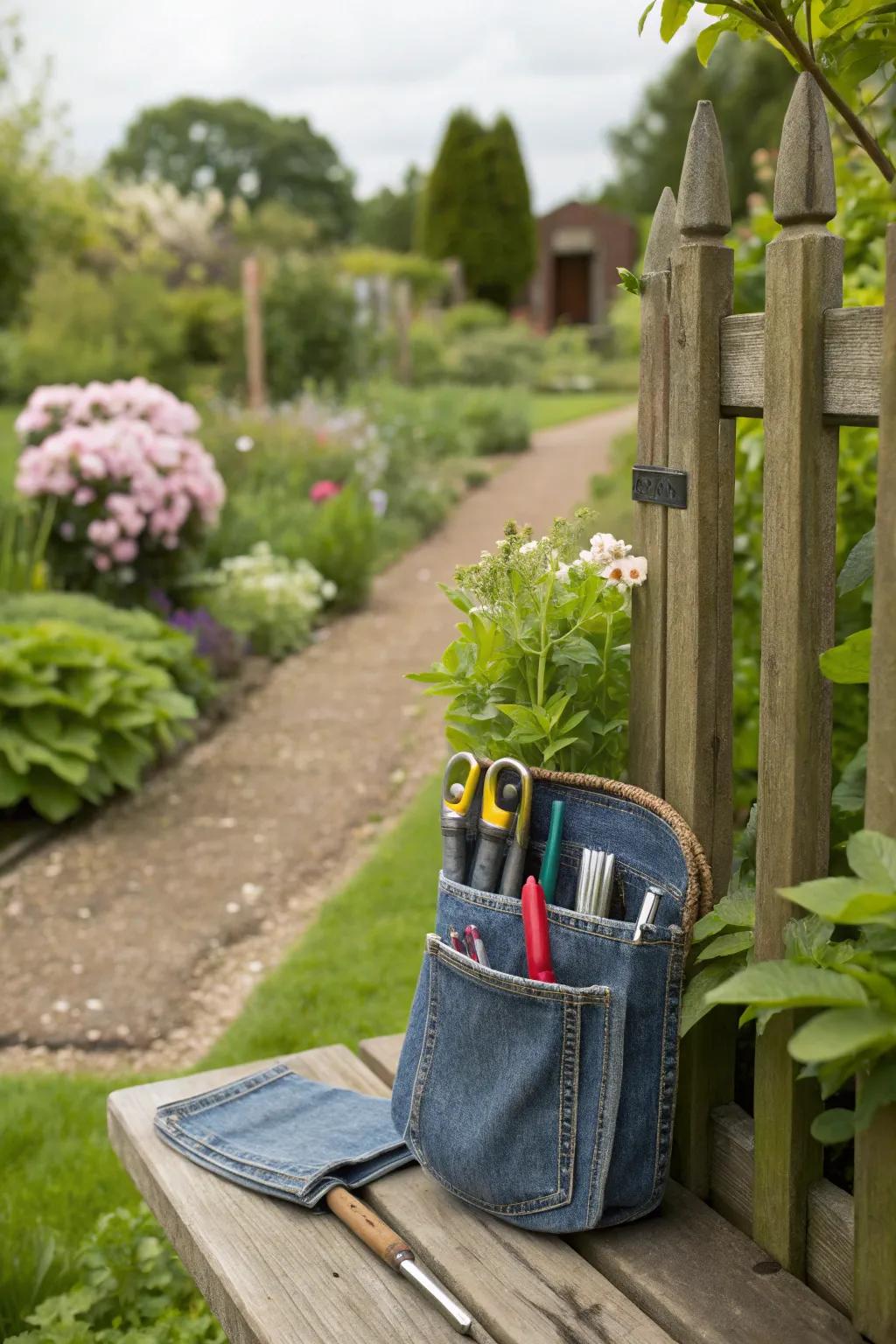 A pocket caddy made from old jeans is a creative and portable tool storage solution.