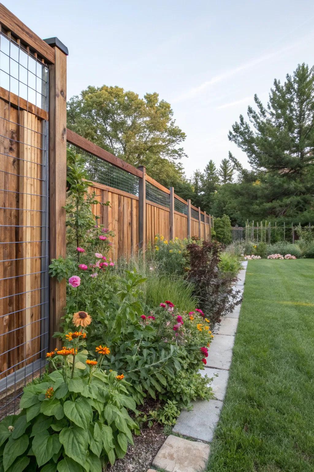 Dynamic design with a mixed material garden fence.