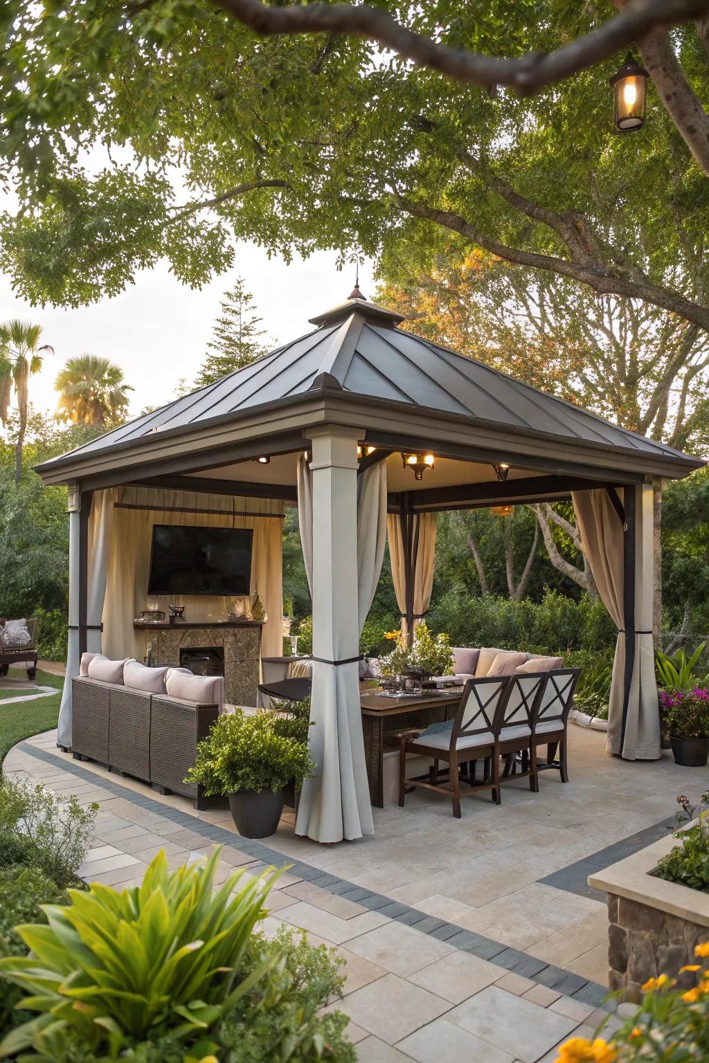 A multi-functional gazebo caters to dining, lounging, and entertainment.