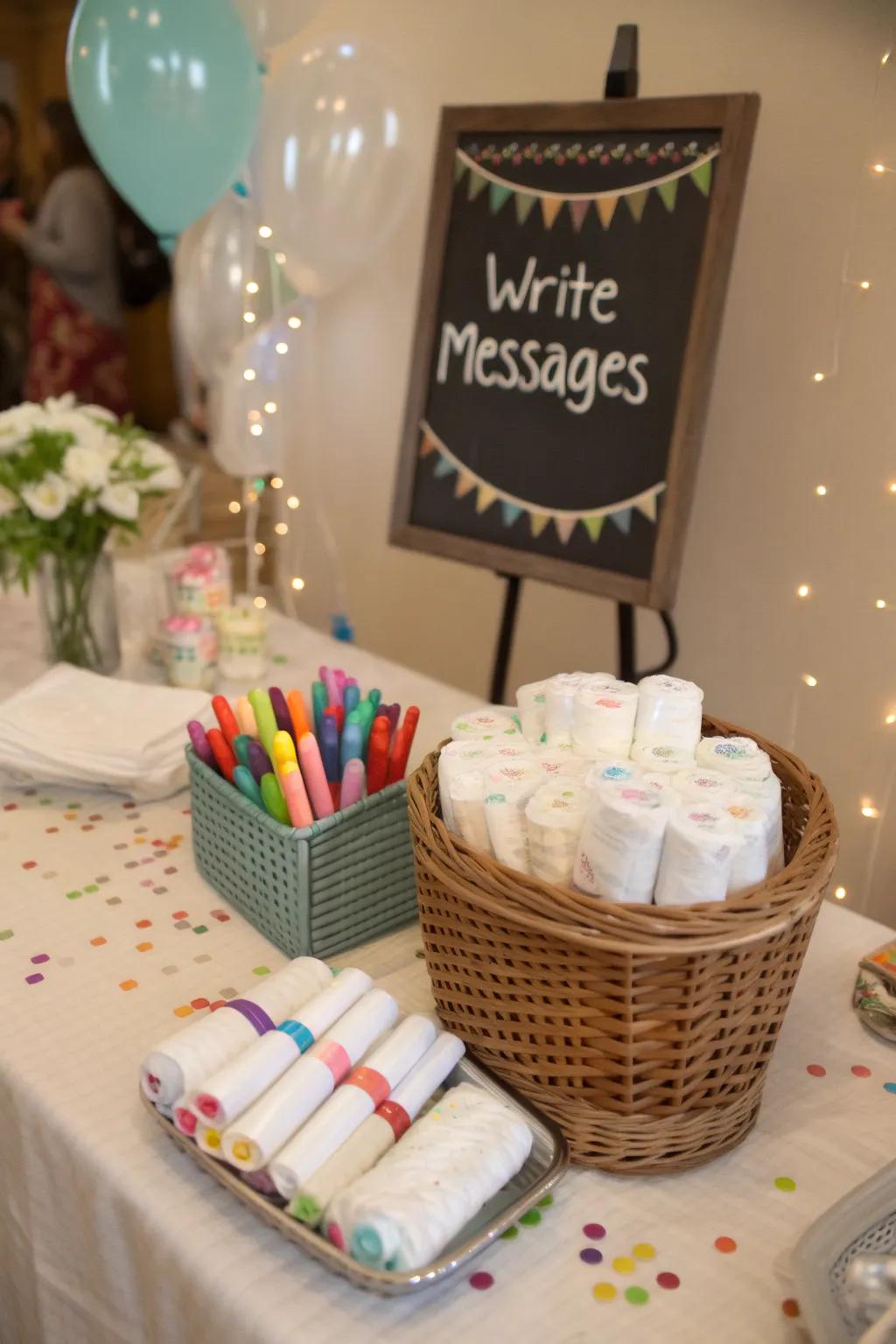 A humorous 'Late-Night Diapers' activity at a gender reveal.