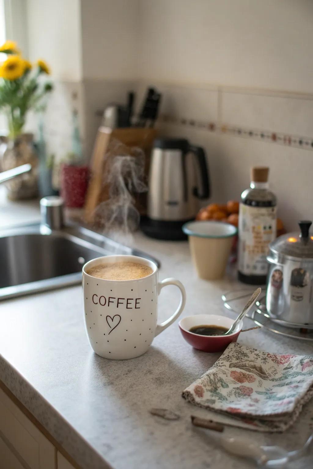 A personalized mug adds a personal touch to her morning routine.