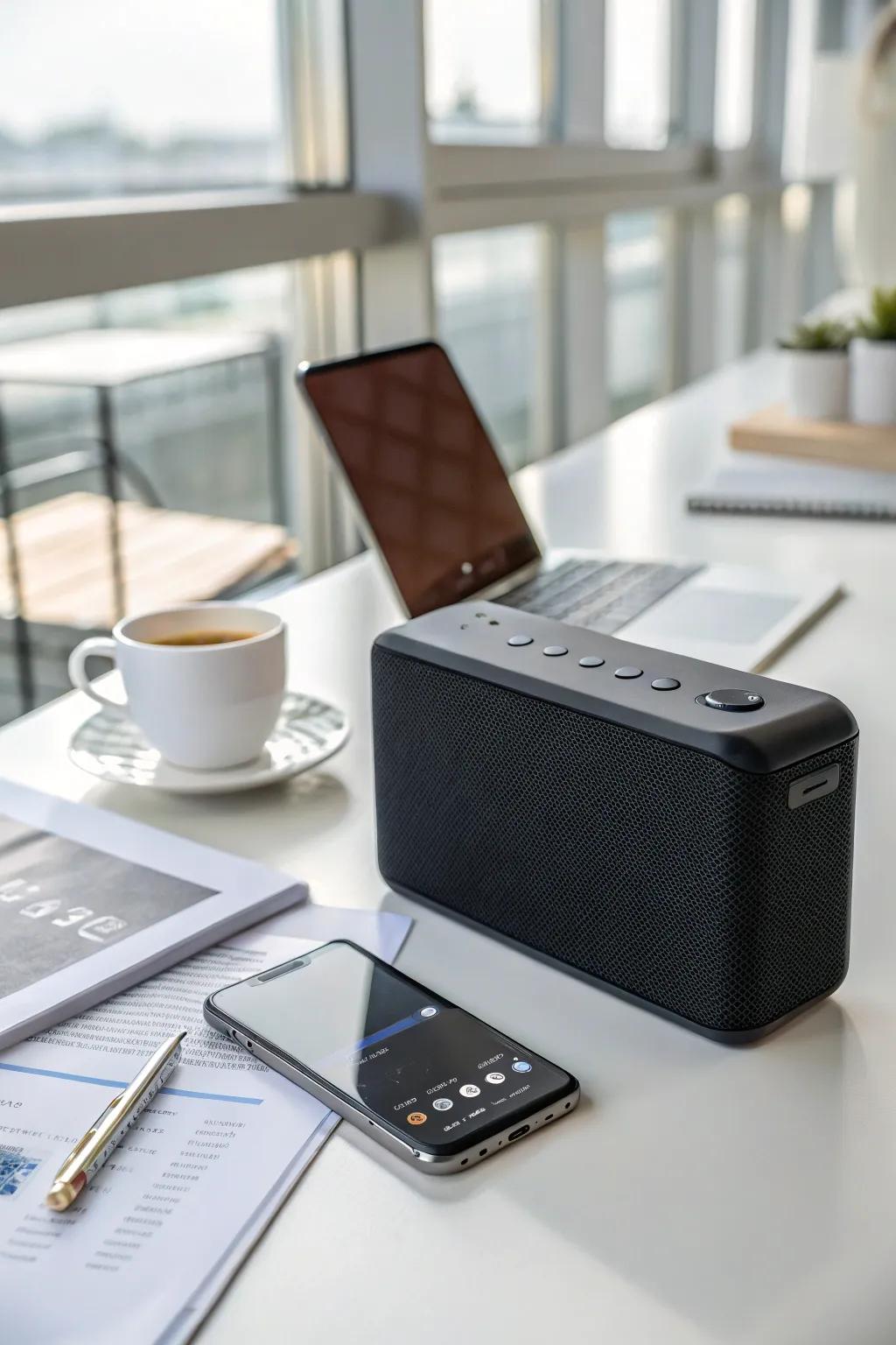 A compact Bluetooth speaker brings music to the workspace.