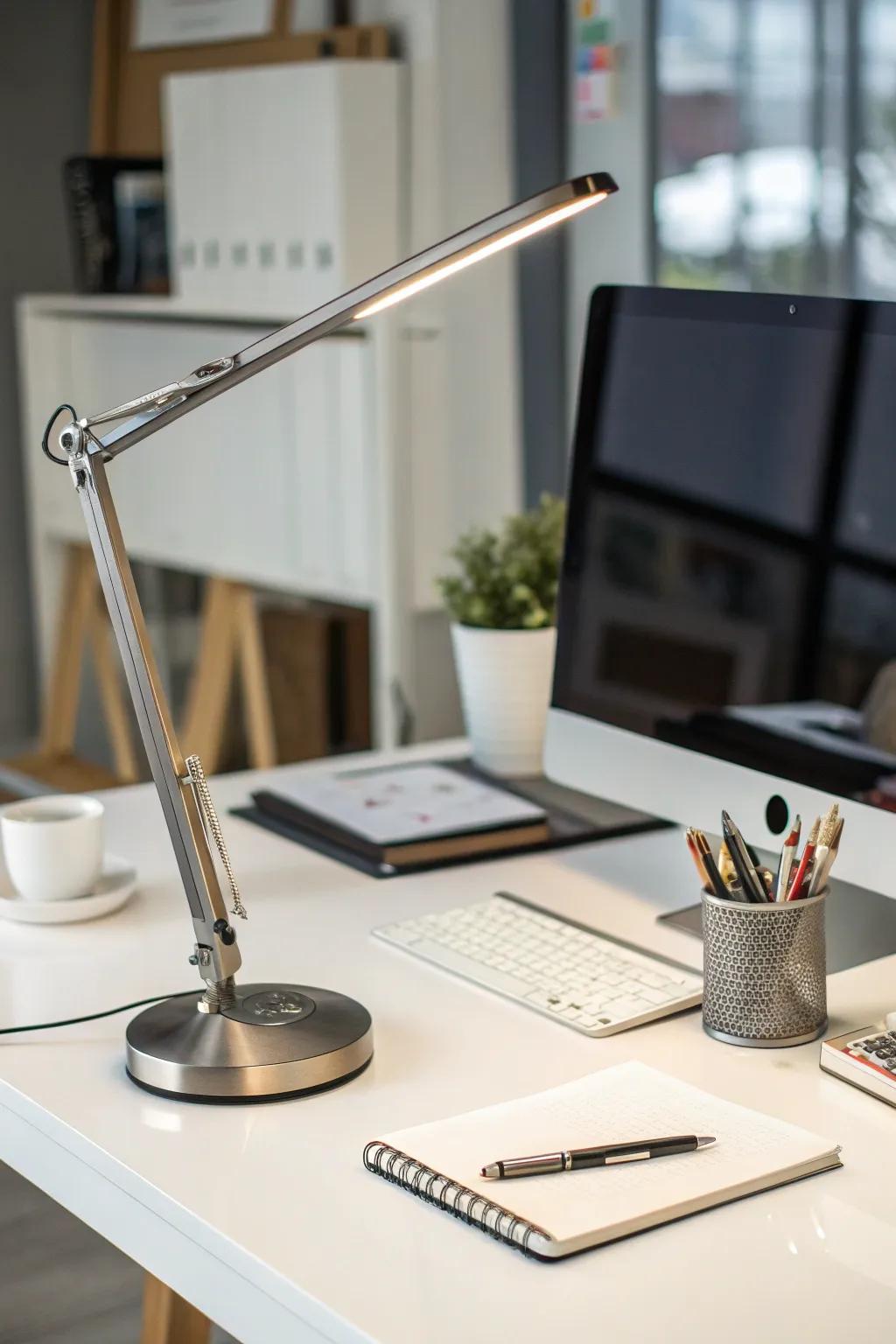 A customizable desk lamp offers both functionality and style.