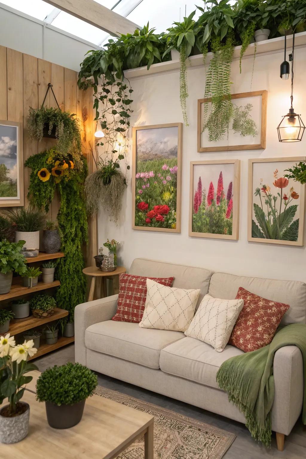 Garden-themed wall art brings a touch of nature indoors.