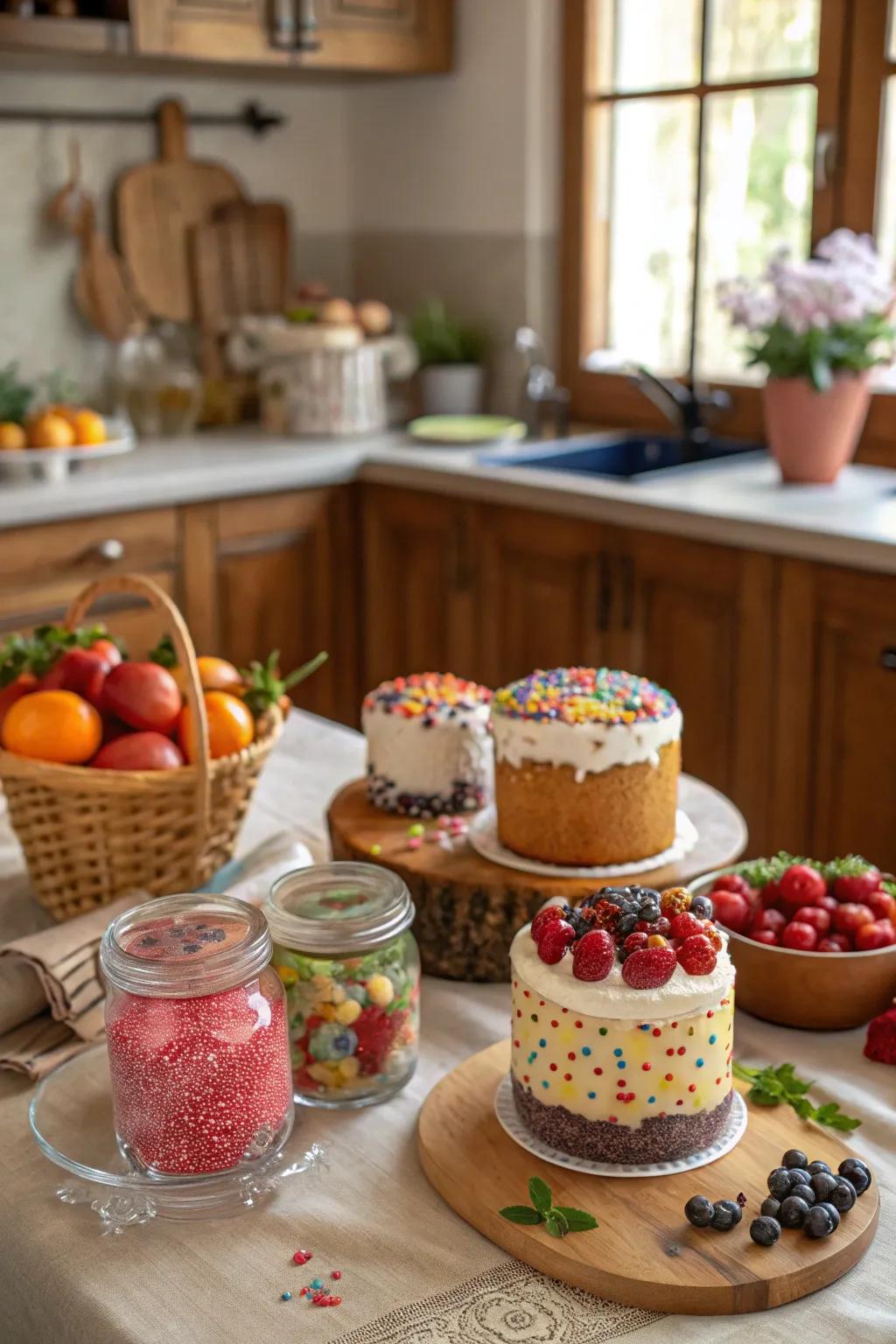 A fun cake decorating station ready for some sweet creations.