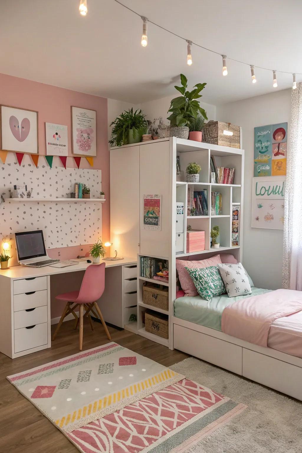 A girl's bedroom showcasing a dynamic layout with modular furniture for flexibility.