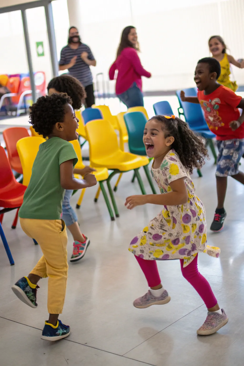 Children playing musical chairs at a birthday party