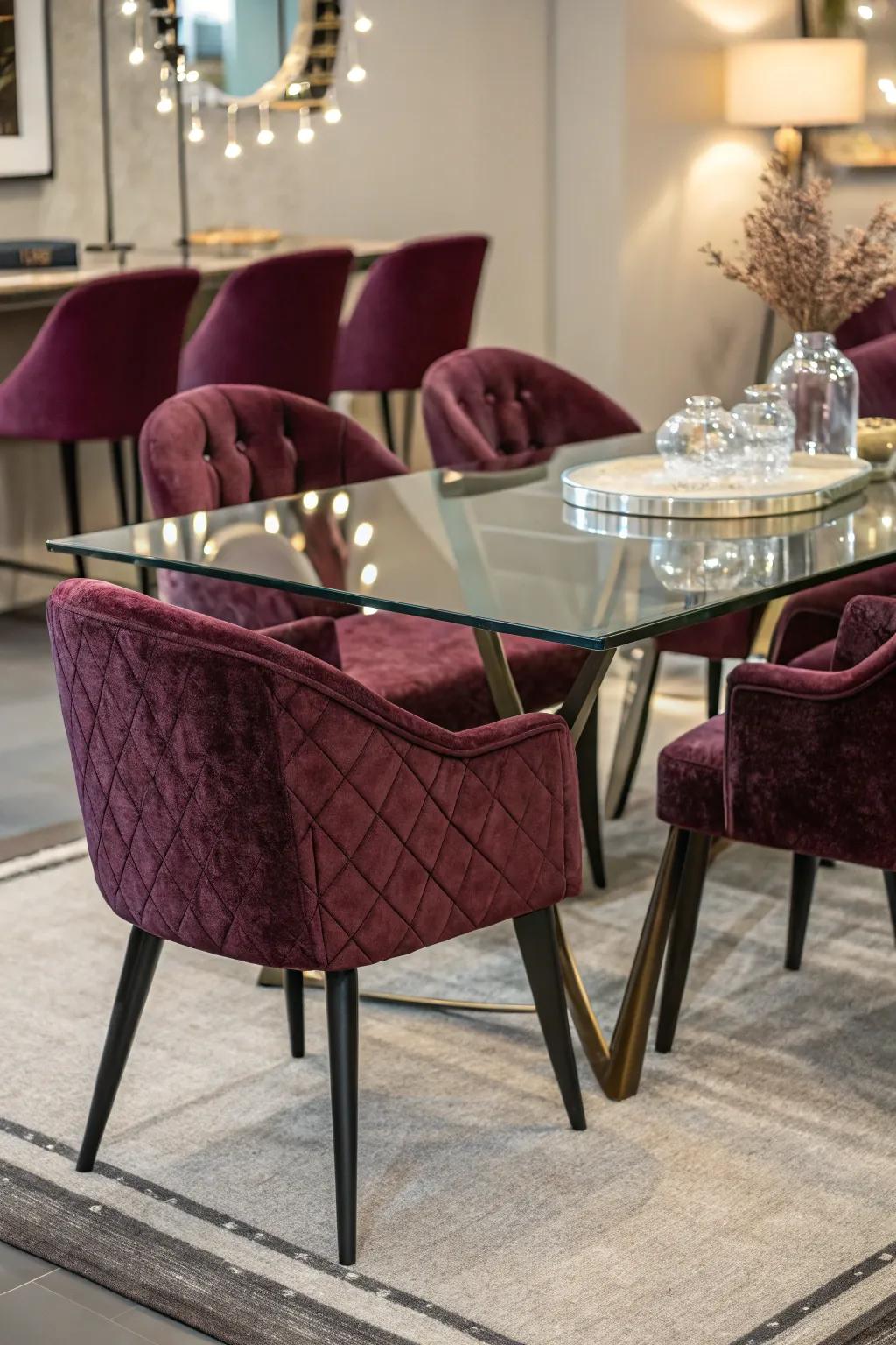 Velvet elements adding luxury to a glass dining table.