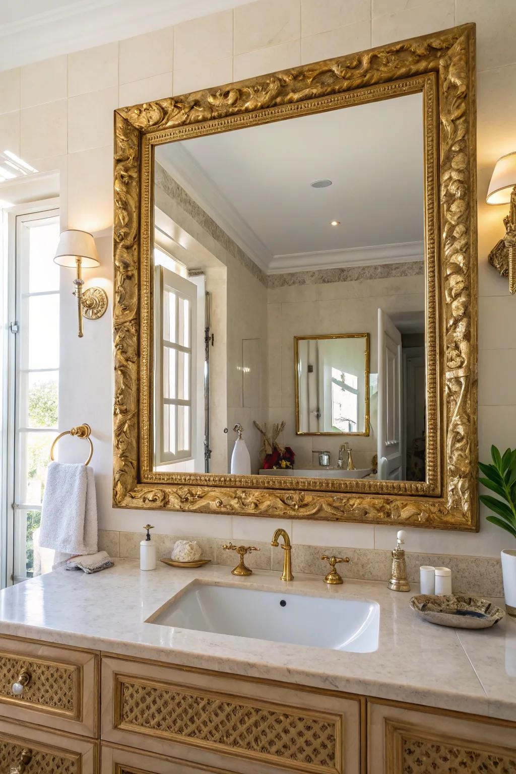 A bathroom with an elegant gold-framed mirror.